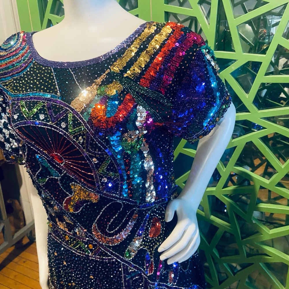 Super Sparkly Silk & Sequin Vintage Multi-pattern Evening Dress - M
